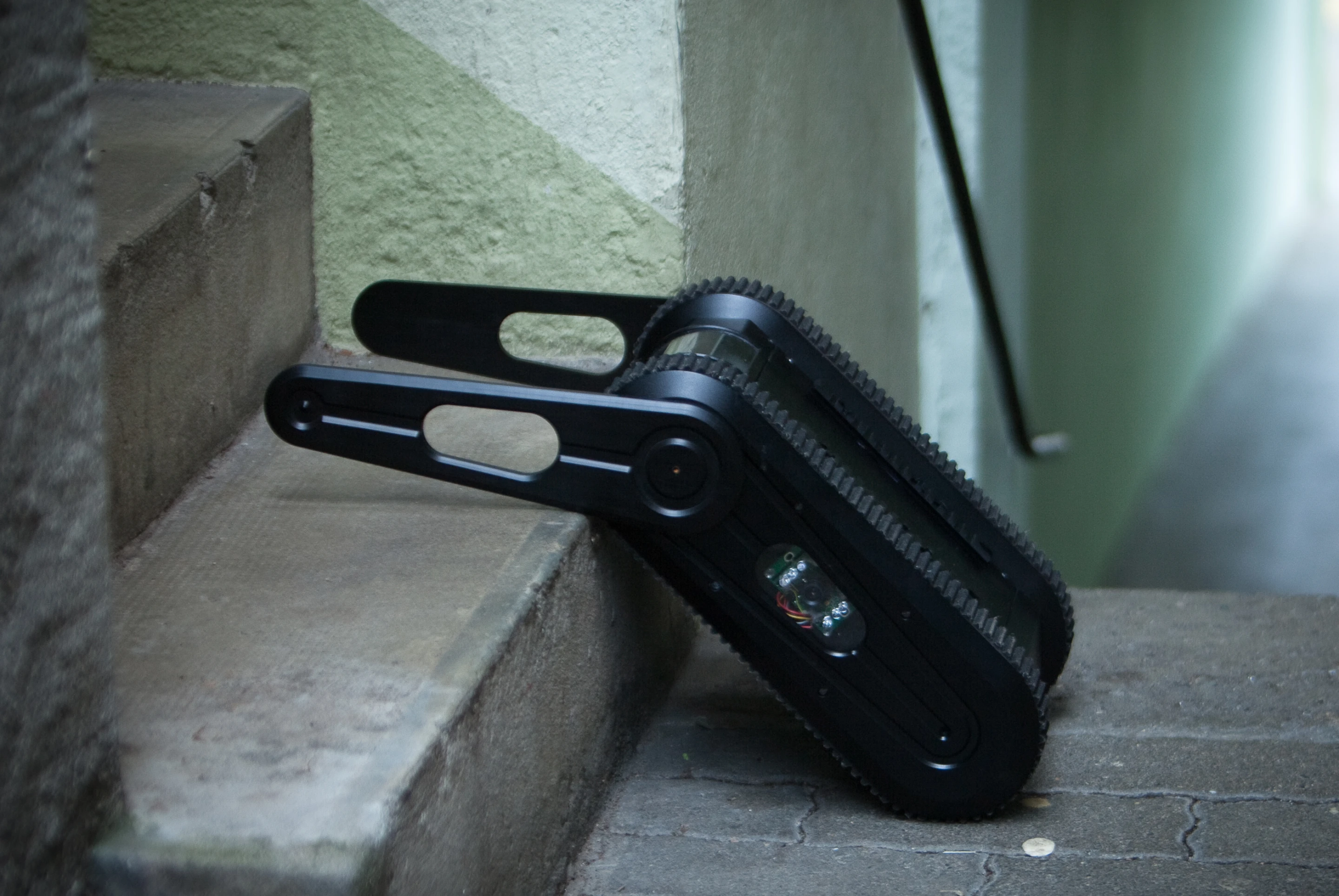 The SCORP Micro Unmanned Ground Vehicle (MUGV) can climb stairs