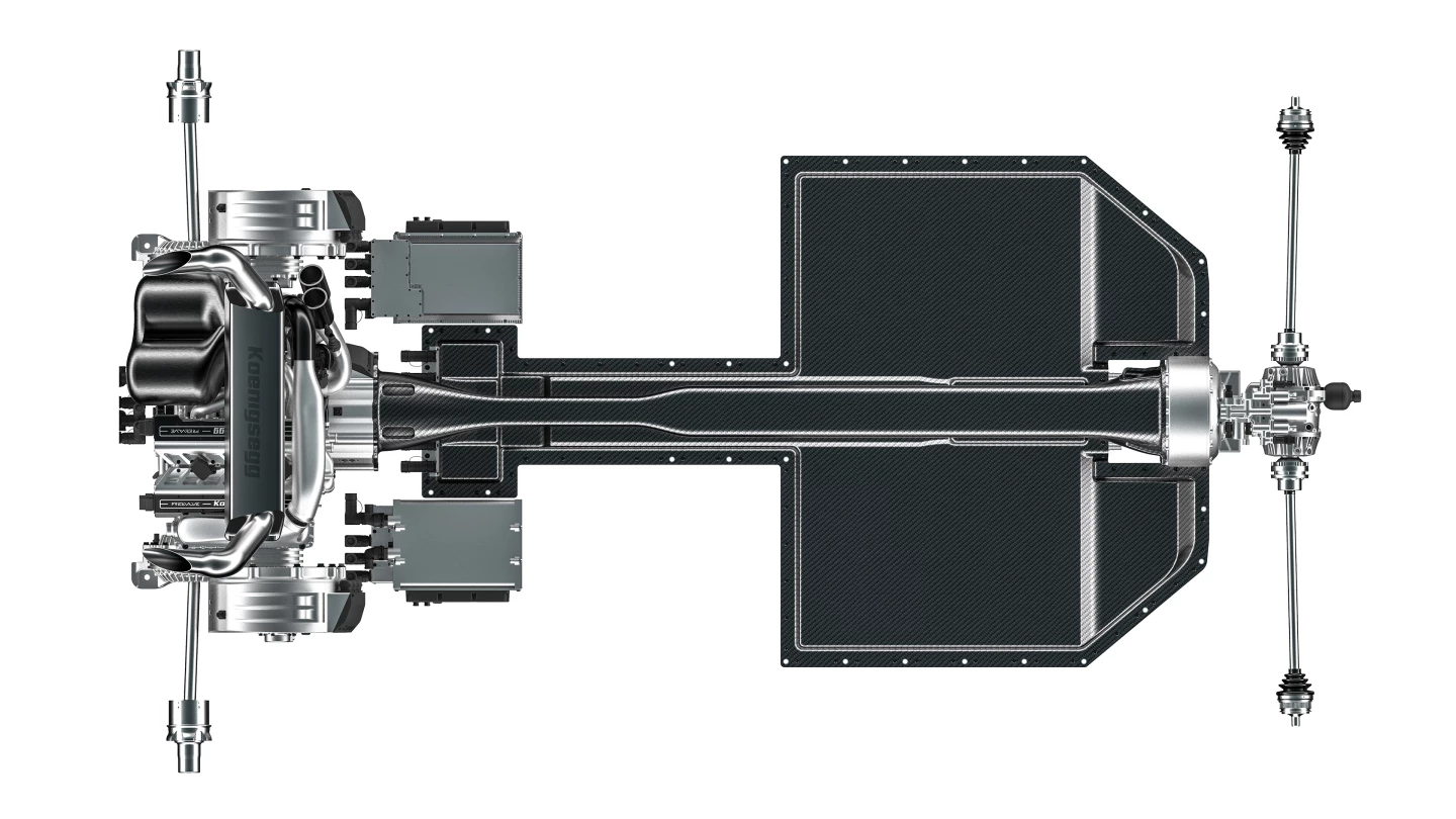 The single-gear Koenigsegg Direct Drive has a motor on the mid-engine's crankshaft and two motors on the rear axle