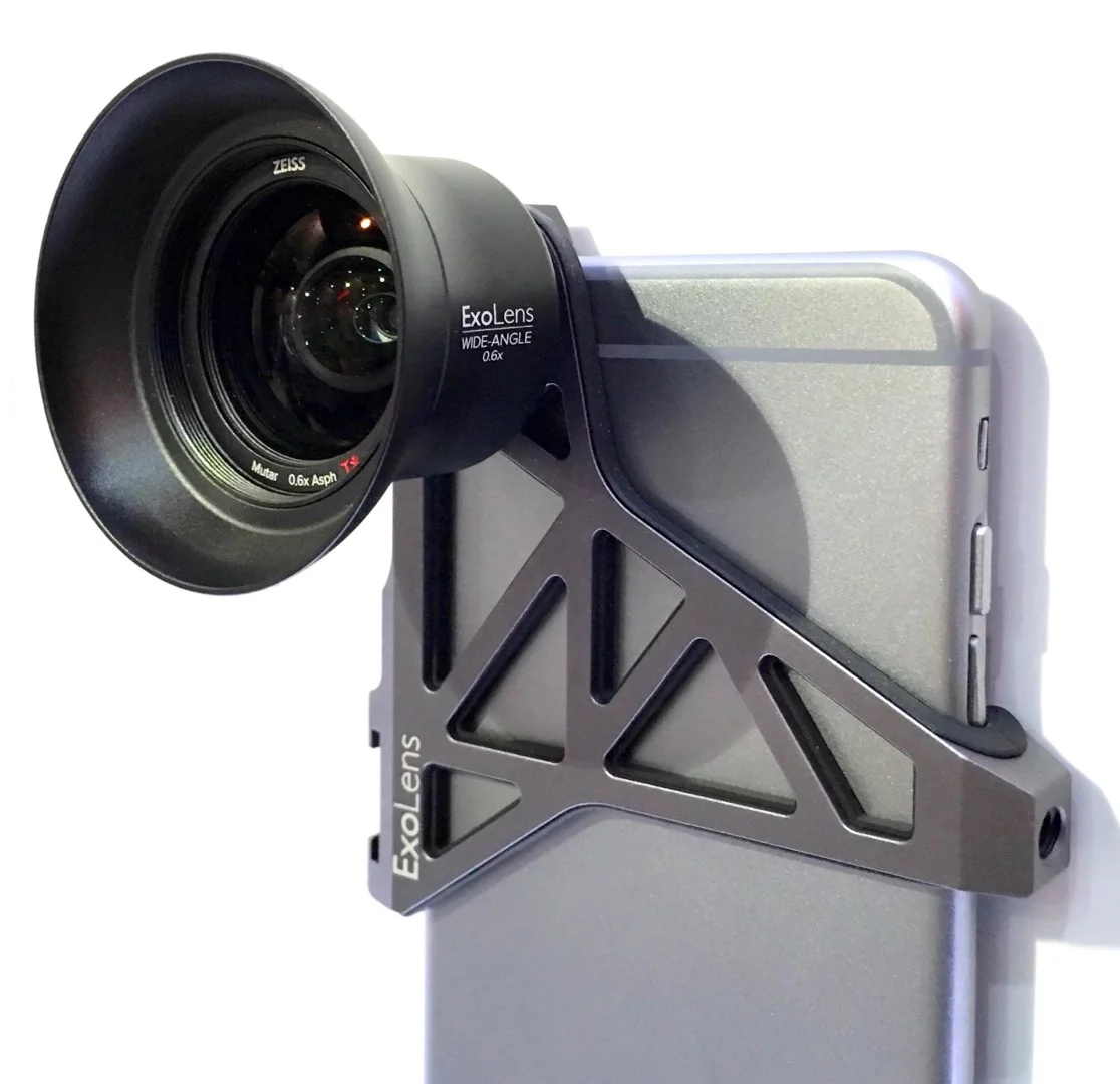 The Zeiss iPhone lenses mount to the phone via a screw thread on an ExoLens machined aluminum bracket