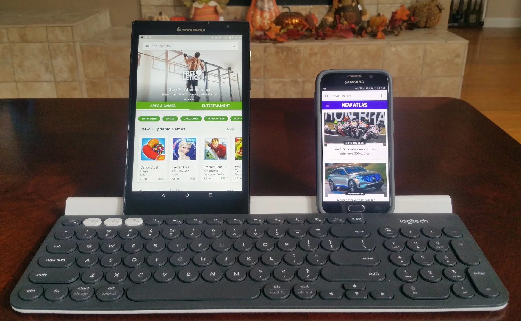 The Logitech K780 multi-device wireless keyboard reduces clutter by replacing separate stands and keeping smartphones/tablets within easy reach