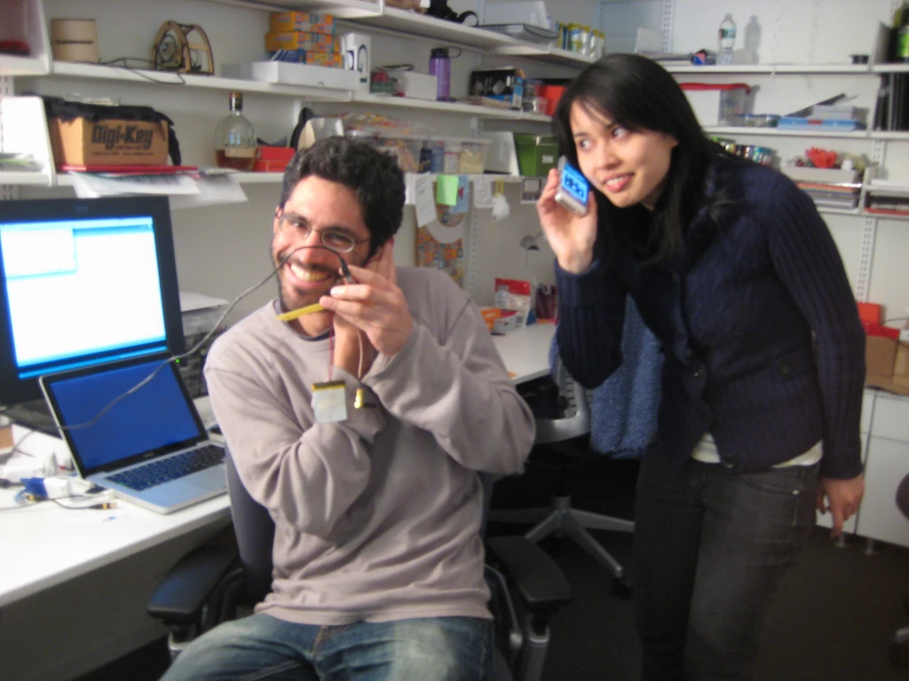 Mellis makes the first call using the prototype (Photo: David Mellis)