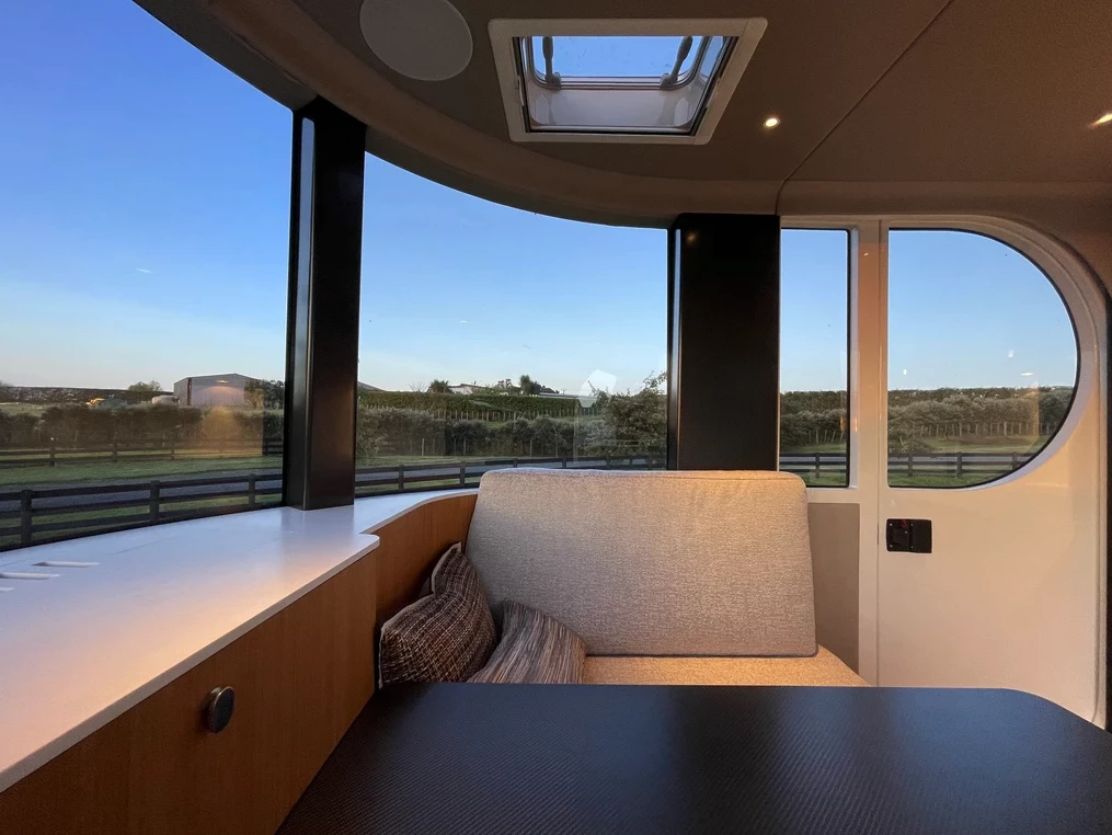 A signature feature of the Romotow T8 is the window array that wraps the nose of the cabin, providing panoramic views from the dinette
