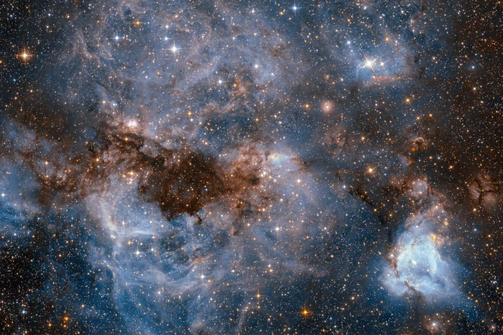 The powerful stellar winds emitted by the young stars created within N159 have worked to sculpt the nursery into the chaotic region see here