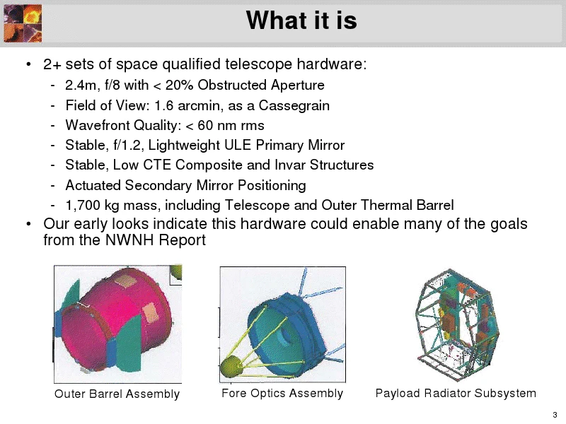 A NASA presentation slide showing the shape of the ex-spy satellites (left), the optics (center) and instrument bay (right) along with some specifications