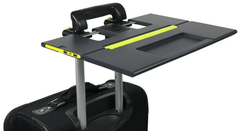 The Smartoo folds up when not in use, and has an adjustable-width dual clamping mechanism that reportedly allows it to fit on most popular suitcases