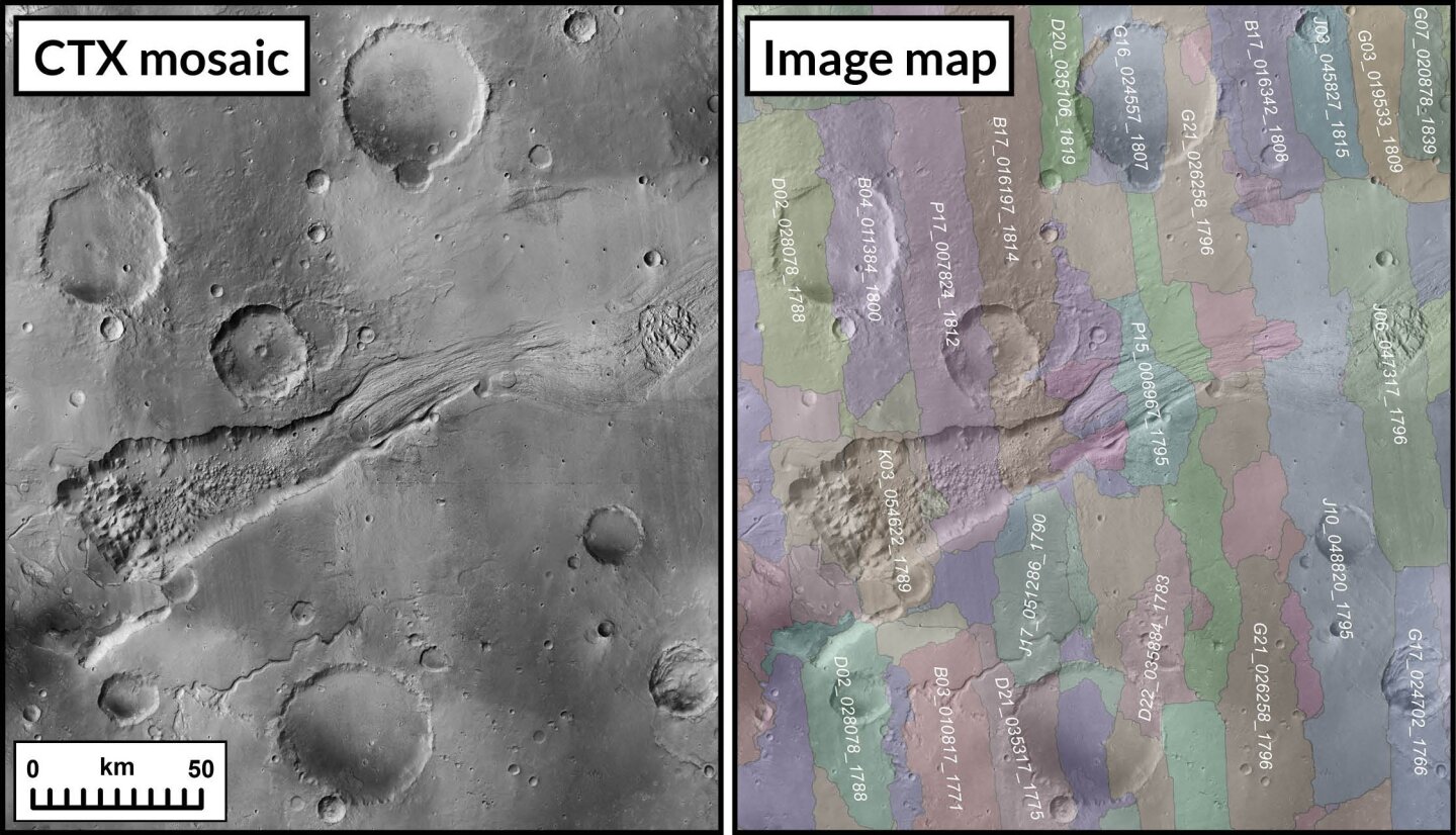 Left: Part of the completed mosaic image.Right: The same area with different source images highlighted to show how the map was constructed