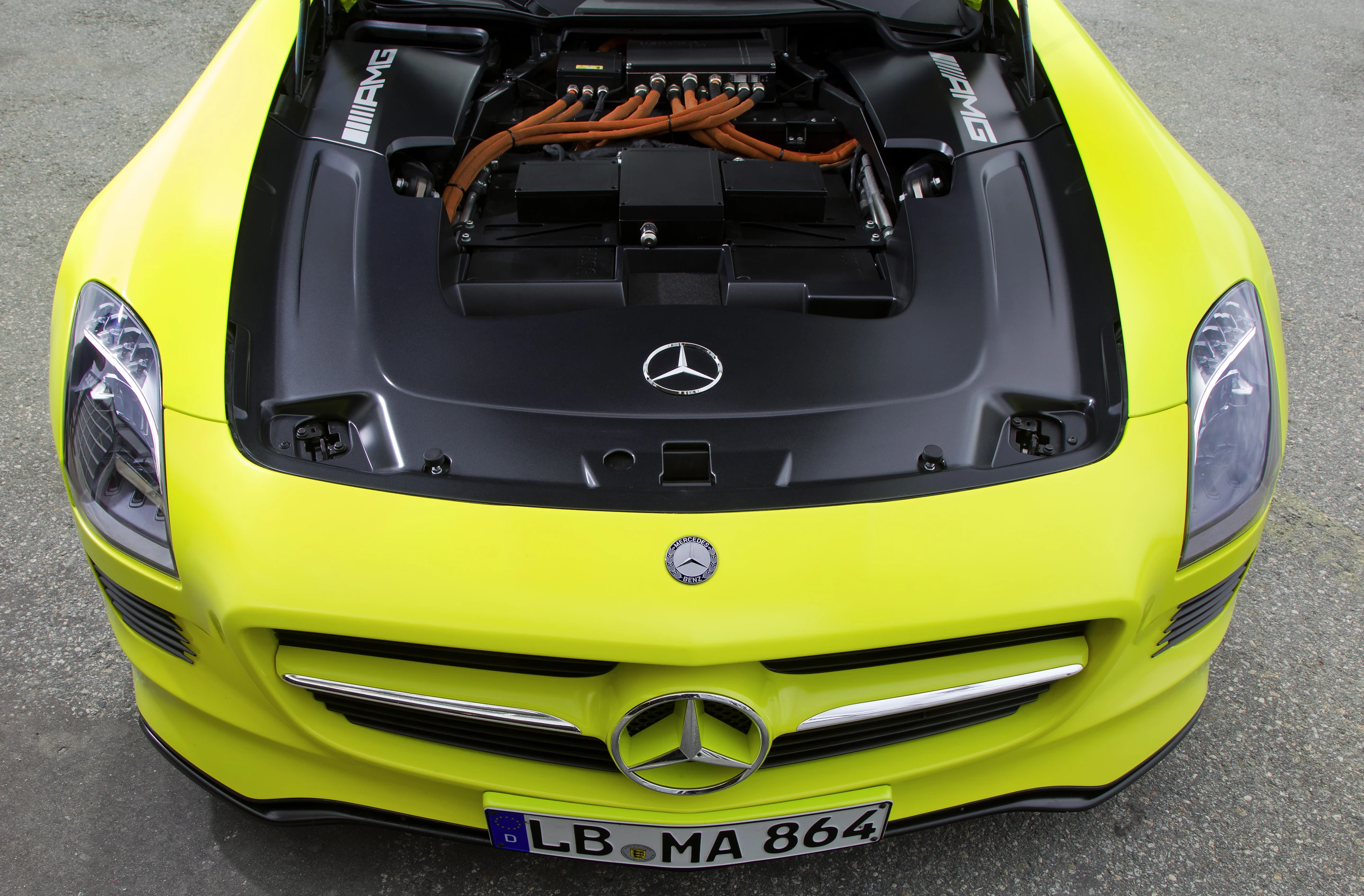 Hood open view of the Mercedes-Benz SLS AMG E-CELL