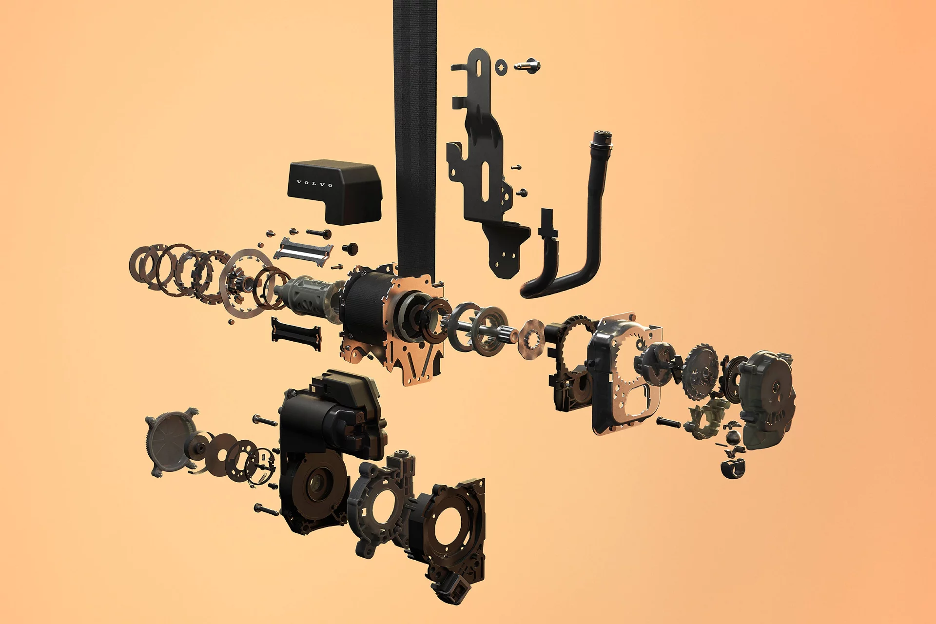 An exploded view of the new high-tech seatbelt from Volvo