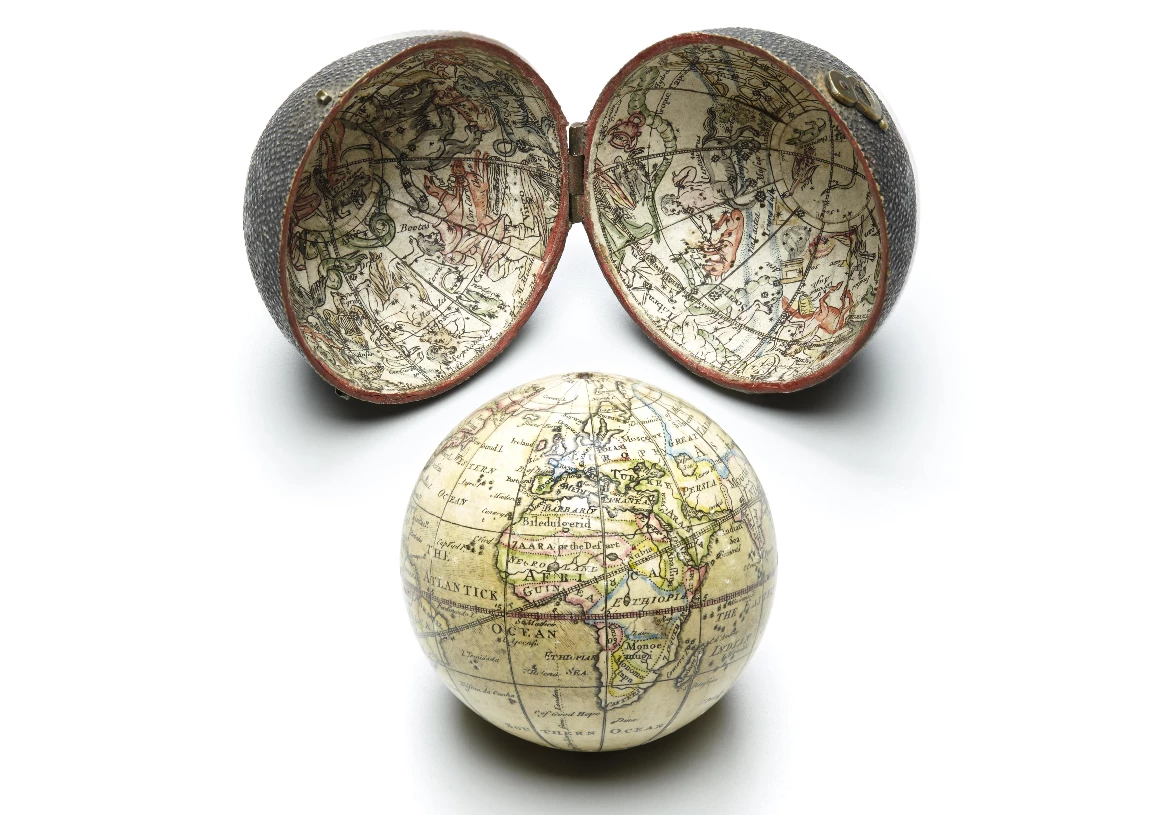 This finely-made three inch (7 cm) diameter pocket globe includes both a terrestrial and concave celestial globe created using hand-colored copper-engraved gores. It depicts California as an island, north-western America as "Unknown Parts," Australia as "New Holland," and the Dominion of Muscovy as well as the Great Wall of China are both noted.