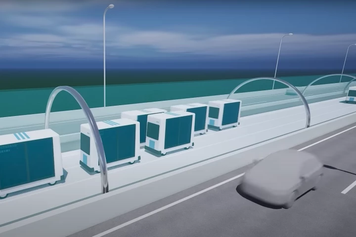 A render of how the new Auto Flow Road might work, with autonomous cargo pods shuttling goods 24/7 from the safety of their own dedicated highway