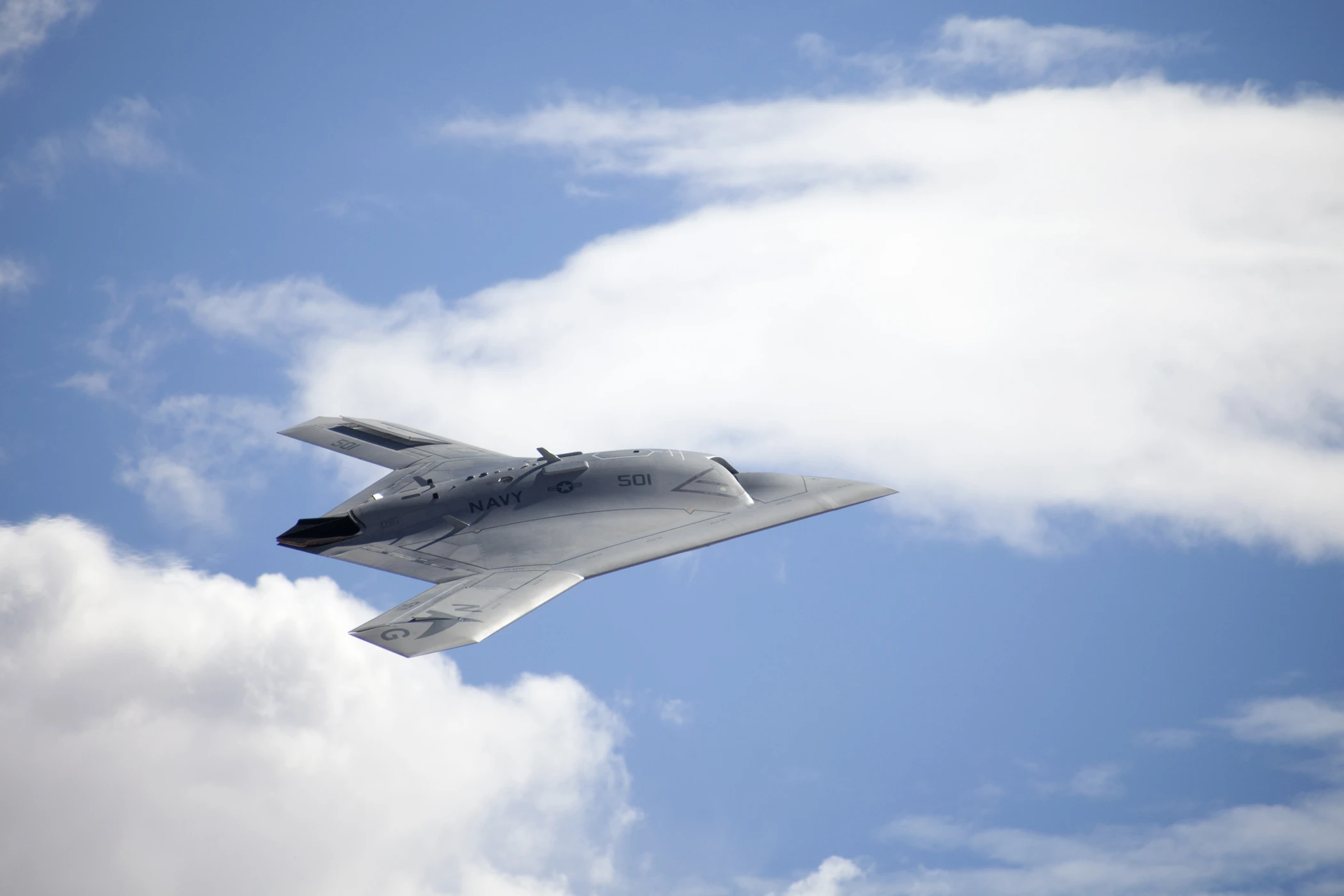 The X-47B flew its first "cruise" configuration flight in 2011