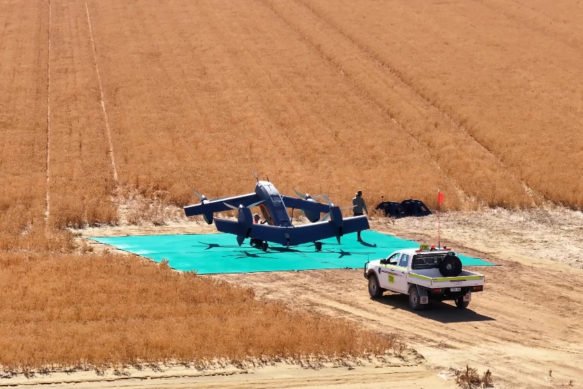 The VTOL waits for takeoff from the pad