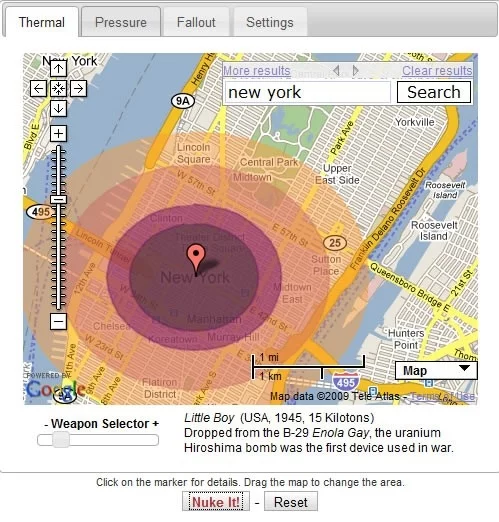 The thermal effects of the "Little Boy" nuclear bomb if it was dropped on New York City.