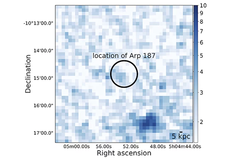 The location of the black hole at the center of the galaxy Arp 187 is circled. No signal was detected, indicating it's gone quiet