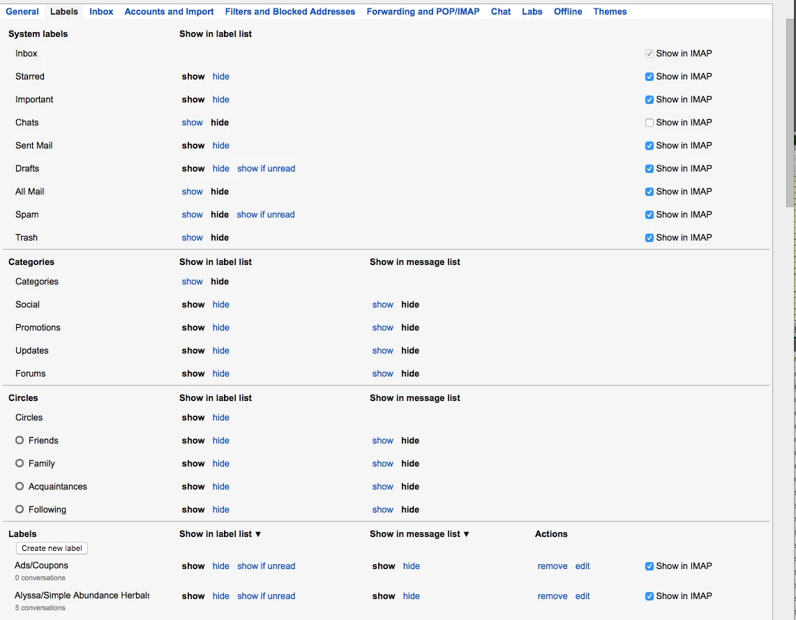 Gmail > Settings > Labels