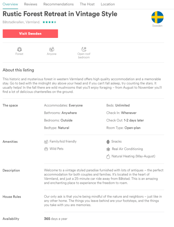 Entire country of Sweden listed on Airbnb