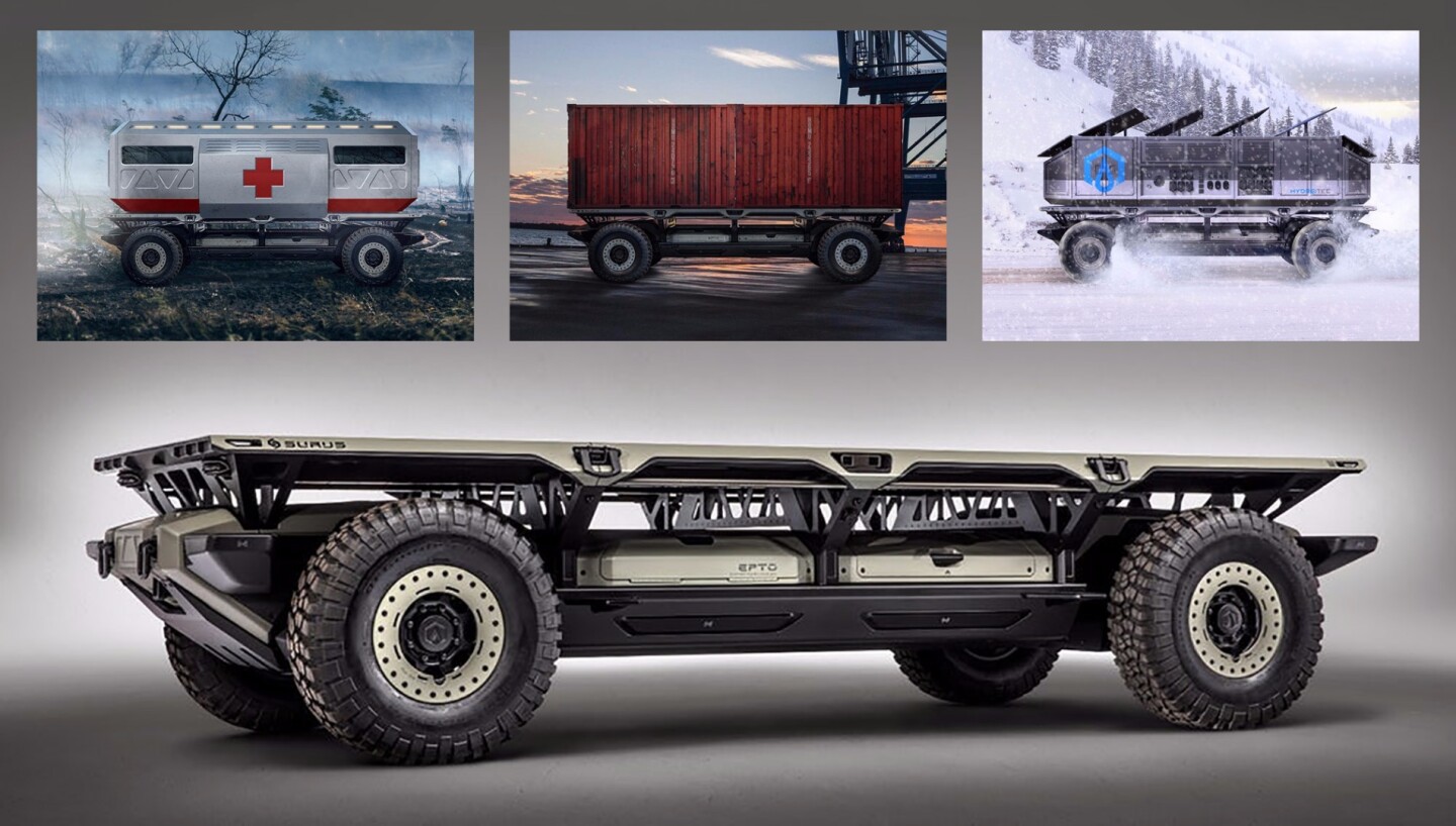 The multi-vehicle Silent Utility Rover Universal Superstructure (SURUS) uses a fuel cell powertrain and autonomous capabilities to present advantages in disaster relief operations, global conflicts and other complex logistics scenarios