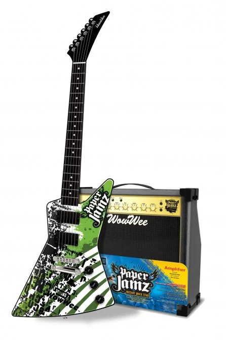 The Paper Jamz 1-inch thick guitar - no strings, just strum the surface - and cardboard amp