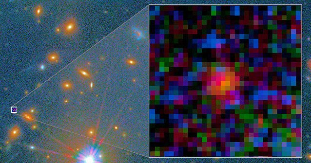 MACS0647-JD is a candidate for the most distant galaxy in the Universe – it can only be seen here due to the influence of a gravitational lens formed by an intervening galaxy cluster