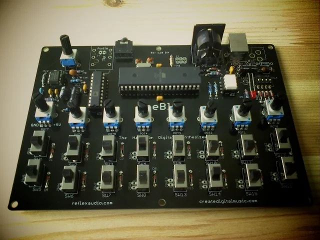 The MeeBlip panel with knobs and switches attached (Photo: copyright Gwydion ap Dafydd)