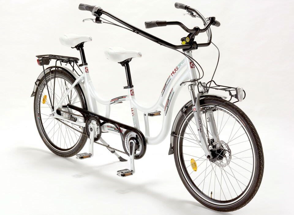The Hugbike can also accommodate two adults, simply by raising the front seatpost