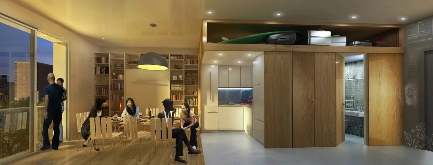Each apartment at My Micro New York will feature a compact kitchen, a combined living and sleeping area with a Juliet balcony, a bathroom, a closet and overhead storage space