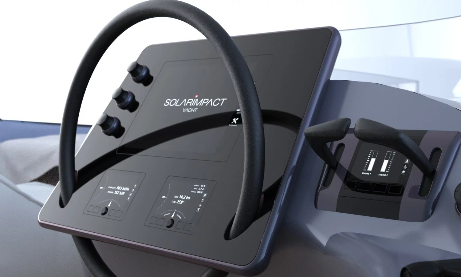 SolarImpact: fully digital helm. This yacht uses a lot of automation and even some artificial intelligence to make piloting it a one-man job