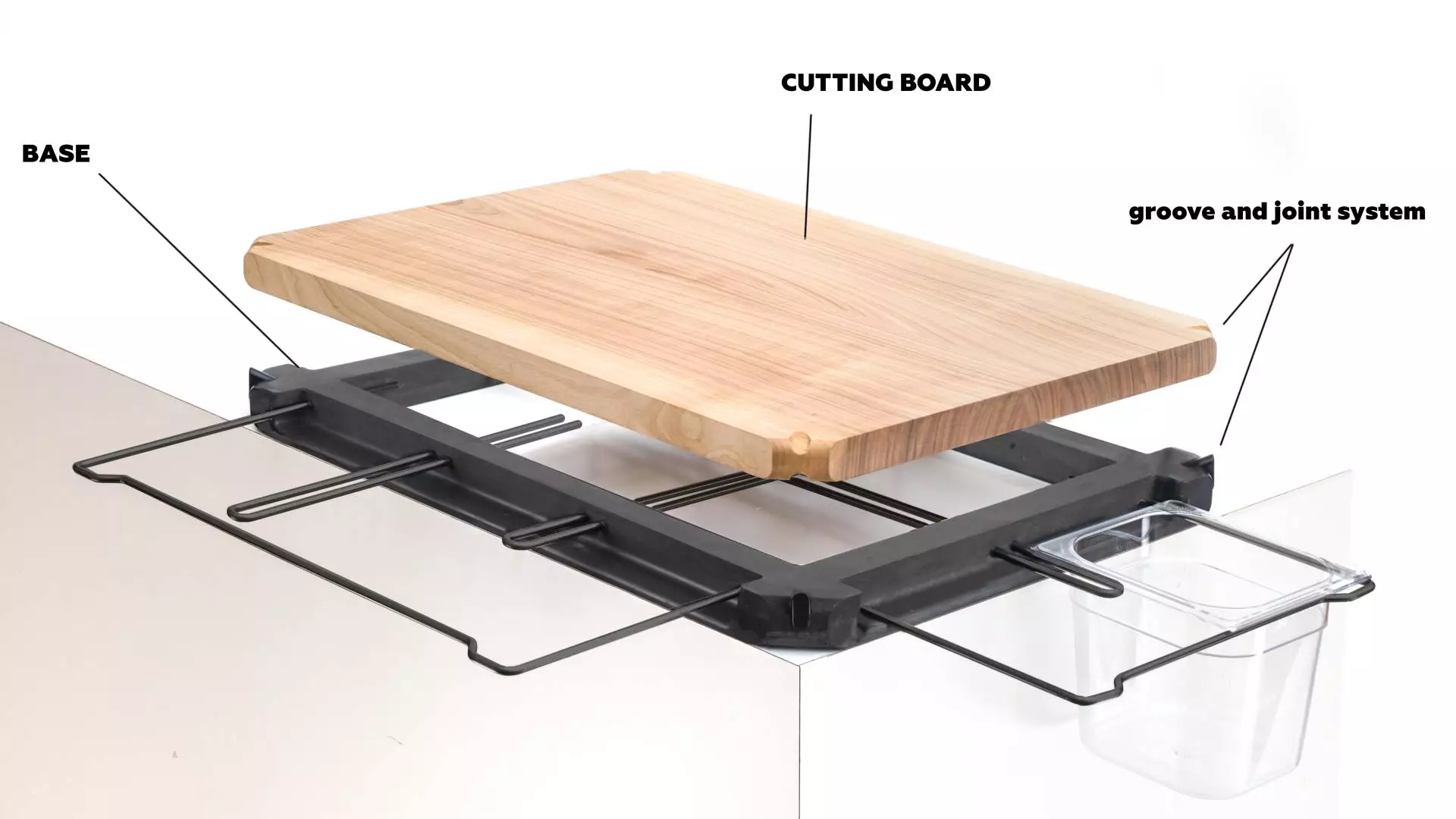 The Phoenix model of the Frankfurter Brett chopping board has a concrete base into which the wooden board itself slots