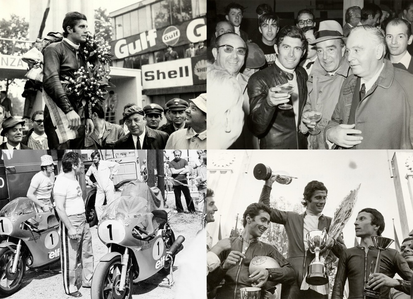 MV Agusta was unstoppable at the height of its power. On several occasions, after accumulating enough points to win the title with several races to spare, Agostini and MV Agusta would sit out the last few races of the season so that other riders and marques could enjoy the top step of the podium. That's the Count in the image at top right, enjoying a glass of victory bubbly with Giacomo Agostini.
