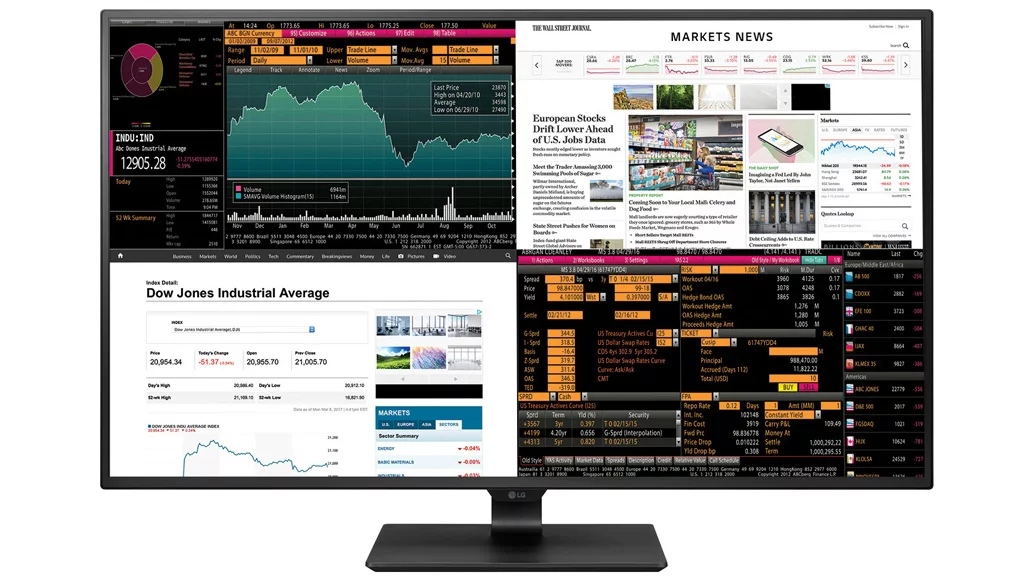 The LG 43UD79-B monitor can display images from up to four sources at once in a variety of configurations