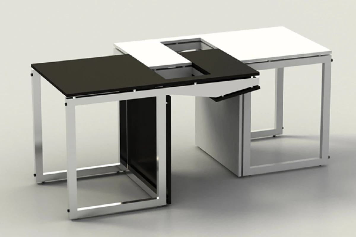 Sensei as seen at the moment the two chairs are slotted together to form a coffee table