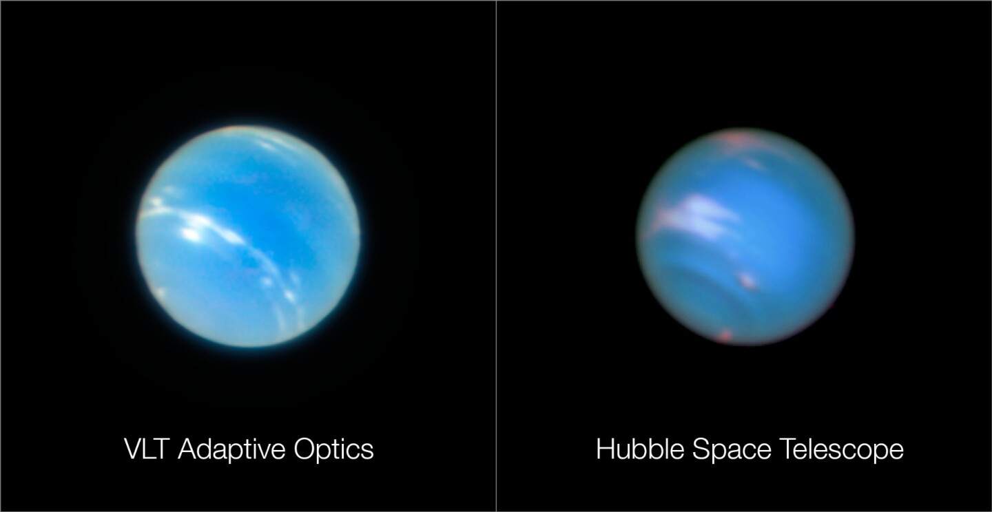Shot of Neptune taken by the VLT using the new adaptive optics mode (left) and a comparable image taken earlier by the Hubble Space Telescope