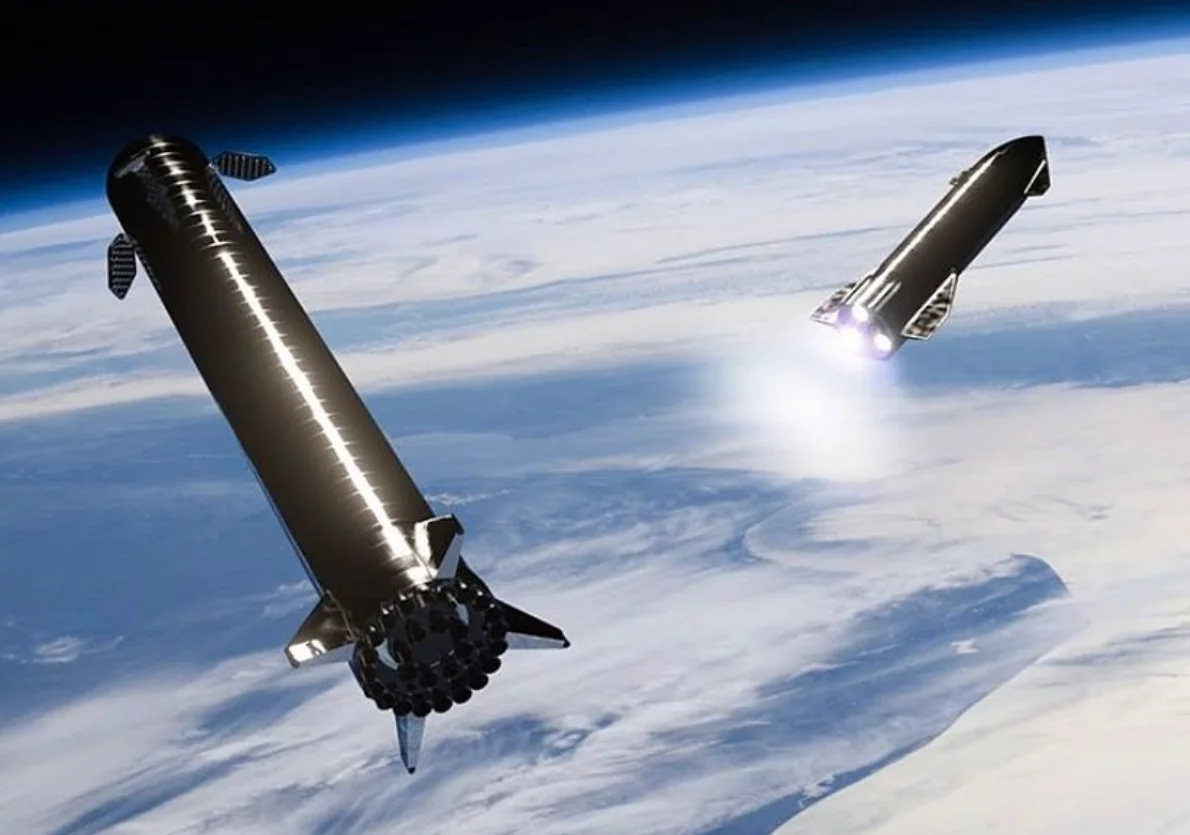 Render of SpaceX's Starship undergoing stage separation