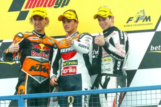 West, De Puniet and Stoner. Stoner is now a clear second in the title chase. Image: O. Bergamaschi