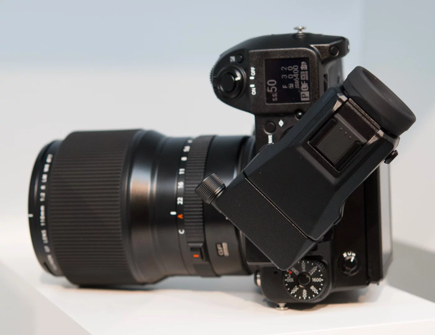 The detachable EVF on the Fujifilm GFX 50S mirrorless medium format camera can be angled