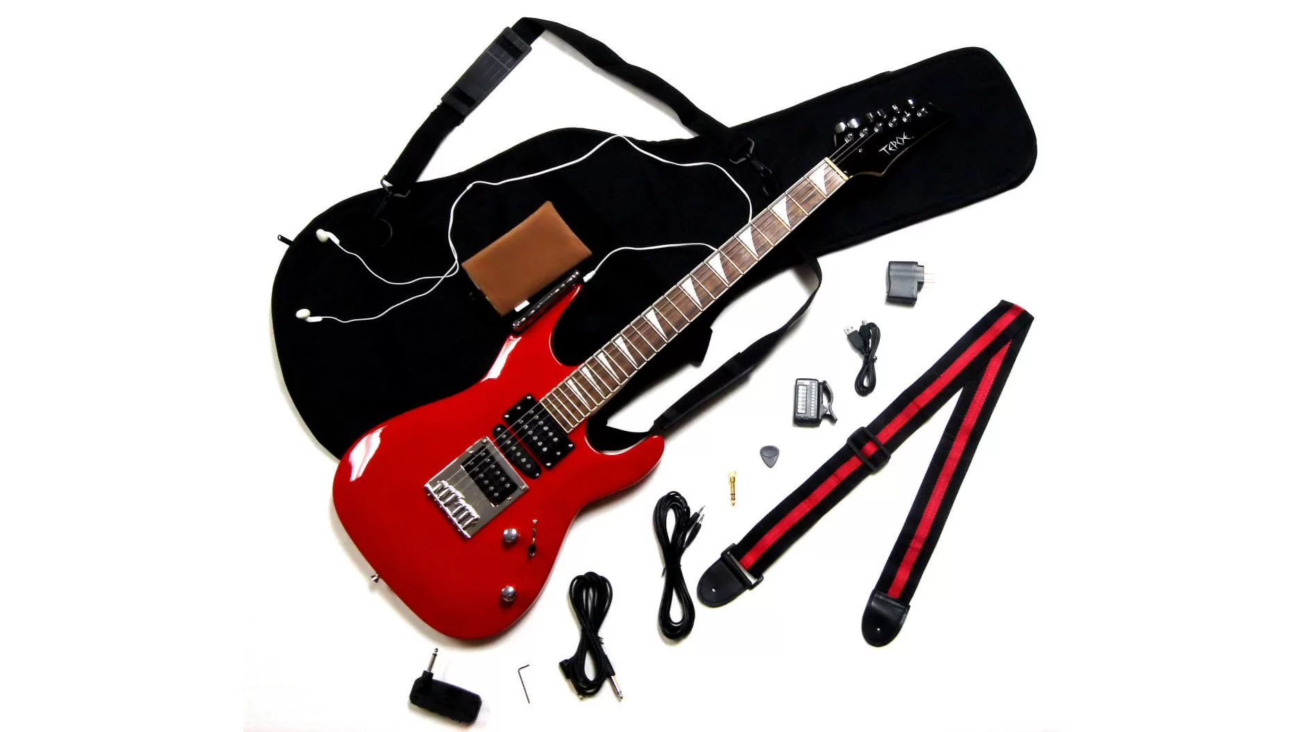 The Tepoe Guitar kit includes a guitar (available in four different colors), headphone practice amp, headphones, digital tuner, guitar strap, computer screen protector, amp adapter plug, USB cable, wall charger, cords, pick, and gig bag