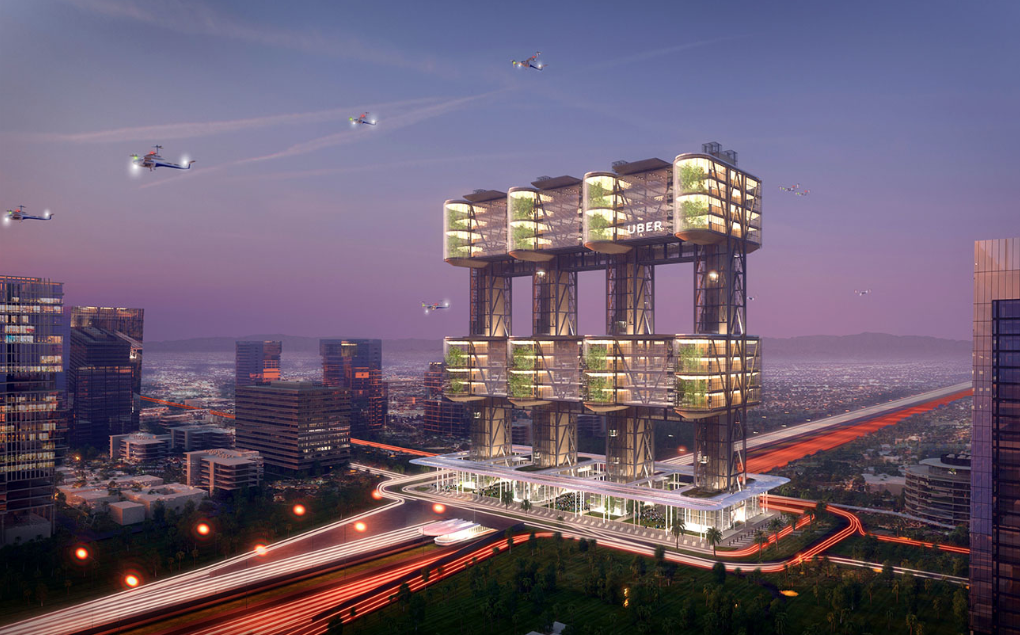 The Uber Sky Tower, by Pickard Chilton and ARU, is designed to handle 1,000 five-seater vehicle arrivals and departures every hour