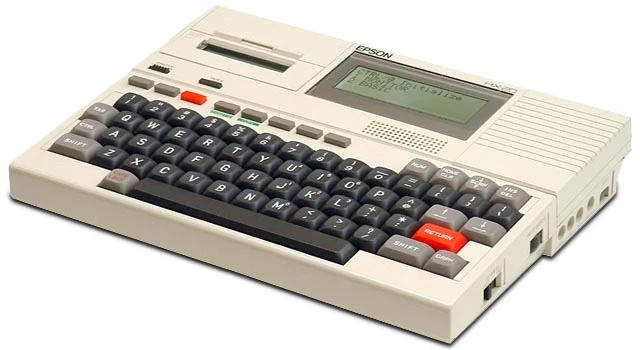 Sold starting in 1983, the Epson HX-20 had a display with room for 4 lines of 20 characters each, was powered by nickel-cadmium batteries, and had an internal thermal printer