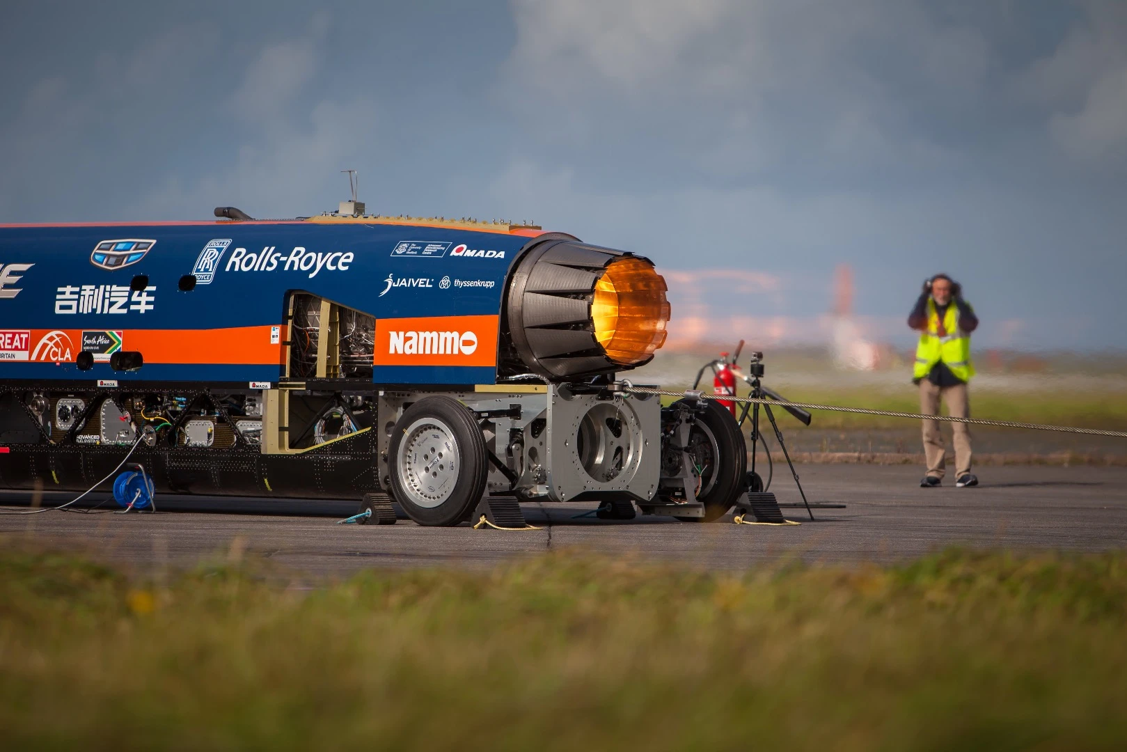 The car was initially fitted with a jet engine for this first run but an additional rocket is being developed to get it going even faster