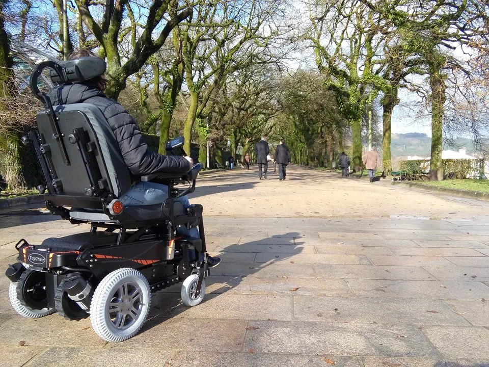 The TopChair-S works like a standard electric wheelchair on flat surfaces