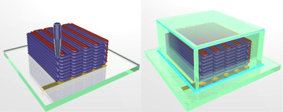 The printing process (left) and the finished encapsulated battery