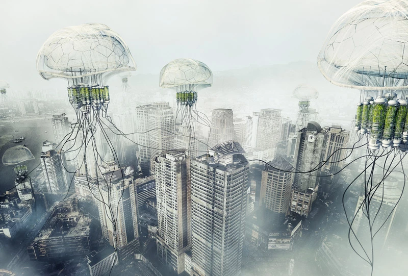 Honorable mention: PH Conditioner Skyscraper by Hao Tian, Huang Haiyang, Shi Jianwei. Yet more floating jellyfish, these aim to neutralize acidic pollutants in the atmosphere
