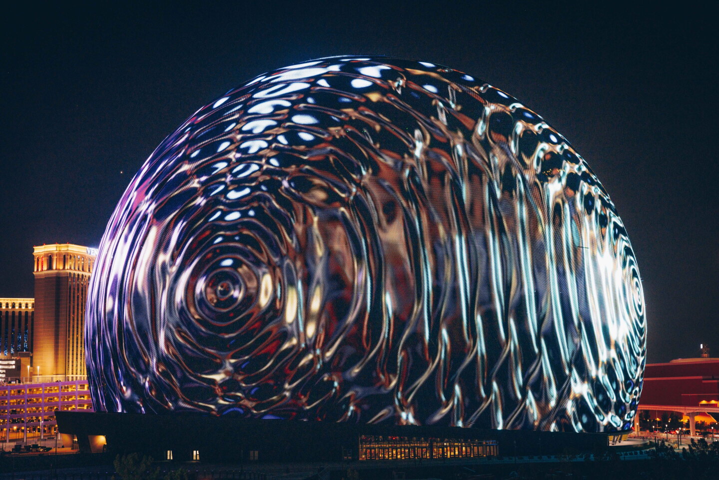 The Sphere's LED exterior measures 580,000 sq ft (almost 54,000 sq m) and is programmable, allowing it to host complex images and animations