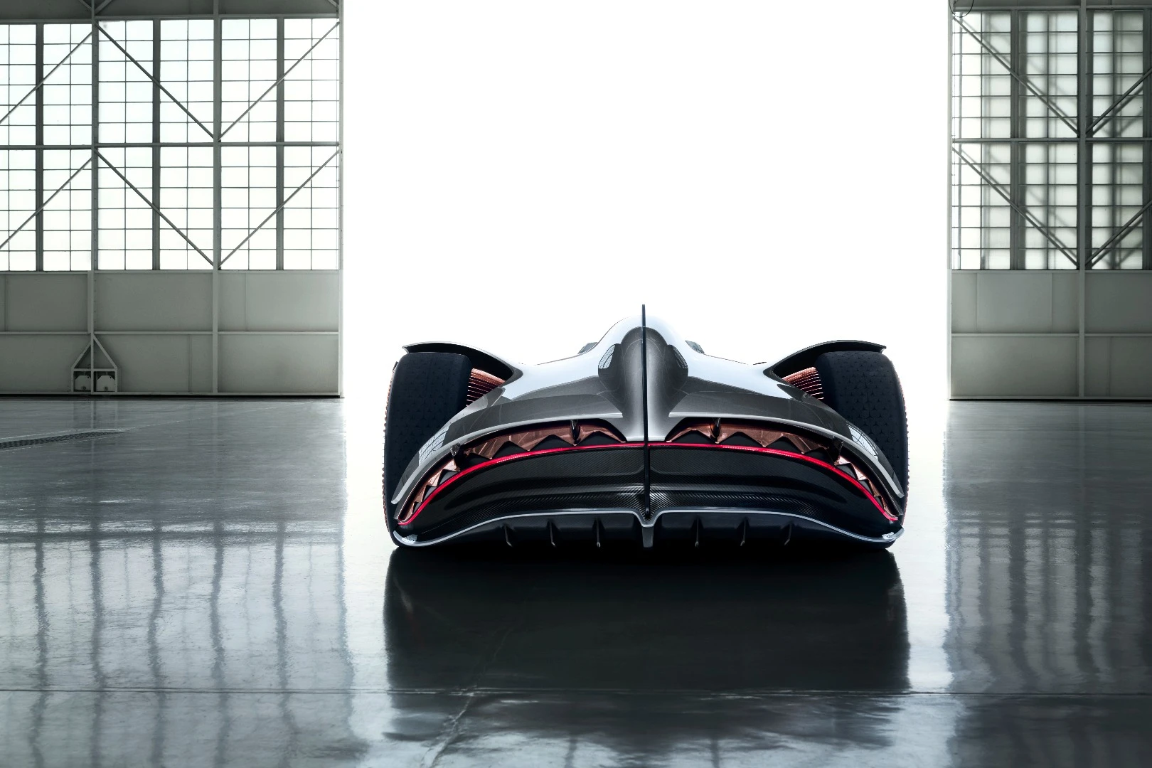 Rear-view of the single seater Vision EQ Silver Arrow concept