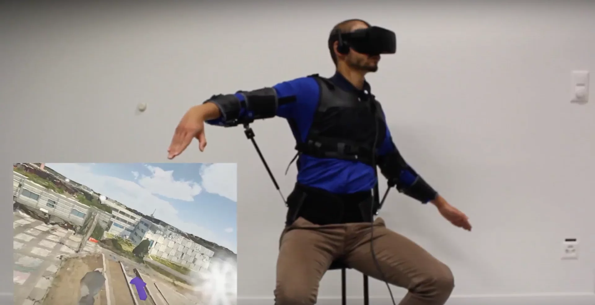 A tester controls a virtual drone by moving his upper body