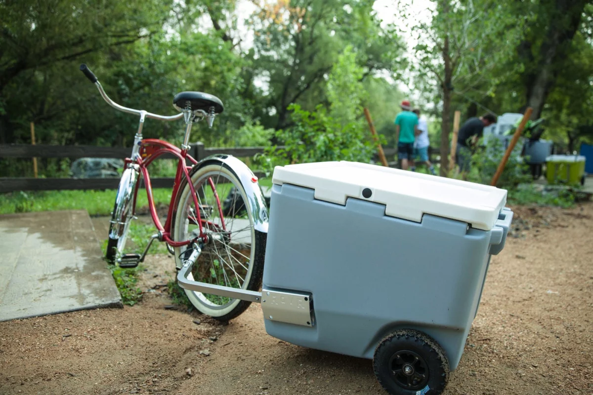 Rovr calls its cooler the first bike-compatible model, but we are aware of at least one other design (multipurpose cooler/grill box) that can be towed this way