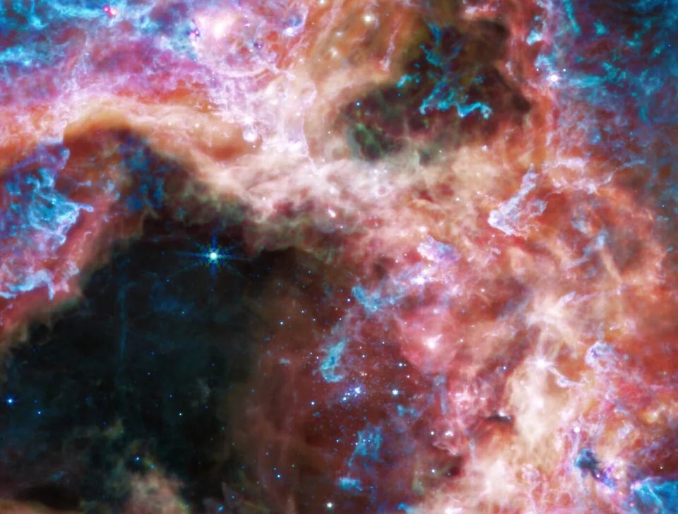 The Tarantula Nebula as seen through James Webb's Mid-infrared Instrument (MIRI)