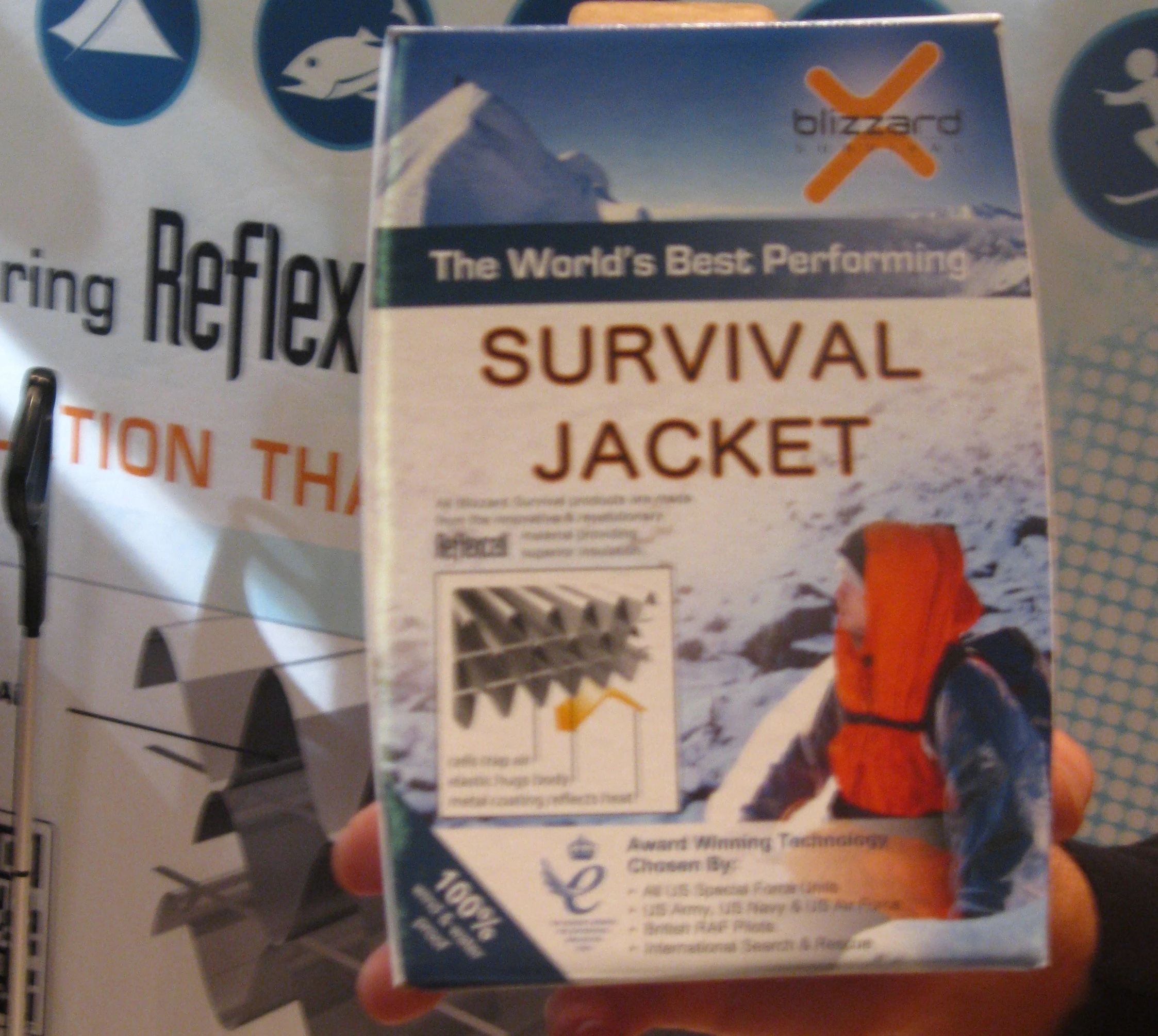 Blizzard Survival had a jacket, blanket and sleeping bag on display