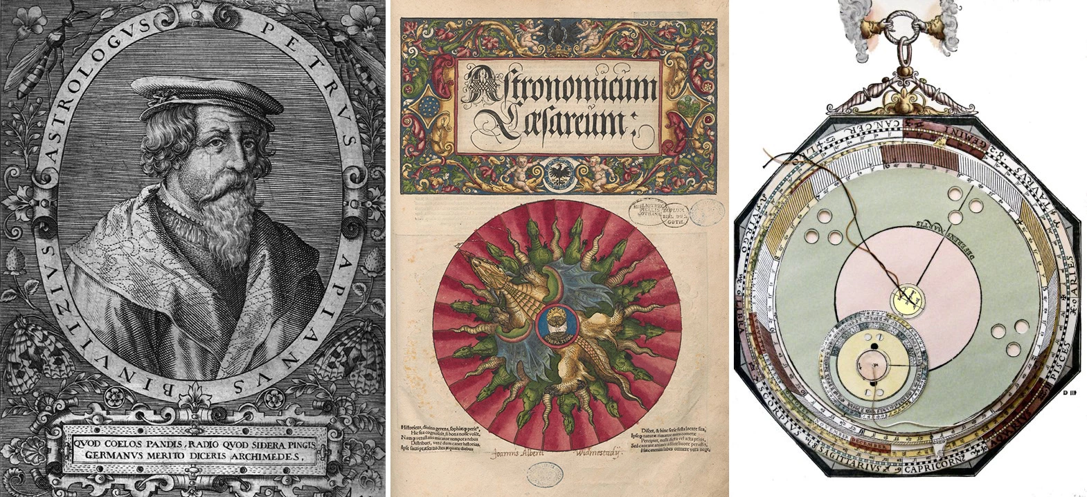 Petrus Apianus (1495 – 1552) produced significant works in both mathematics and cartography during his lifetime, but it was at the University of Ingolstadt where as Professor of Astronomy, he built his own printing business and produced one of the most innovative works in printing history: this book, the Astronomicum Caesareum (Emperor's Astronomy). One of the reasons this book is not even more valuable is that it was so obviously a masterpoiece of both printing and ingenuity that more than 120 copies have survived. Pioneer astronomer Tycho Brahe (1546 – 1601) records that he paid 20 florins (roughly $3000 in today's money) for a copy.