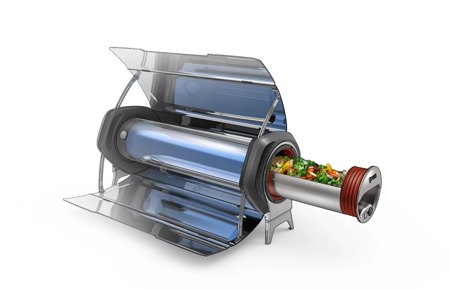 The GoSun Fusion uses parabolic reflectors to focus sunlight onto an insulated tube to cook food